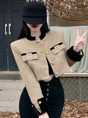 Cropped Tweed Jacket with Gold Buttons - Beige/Black